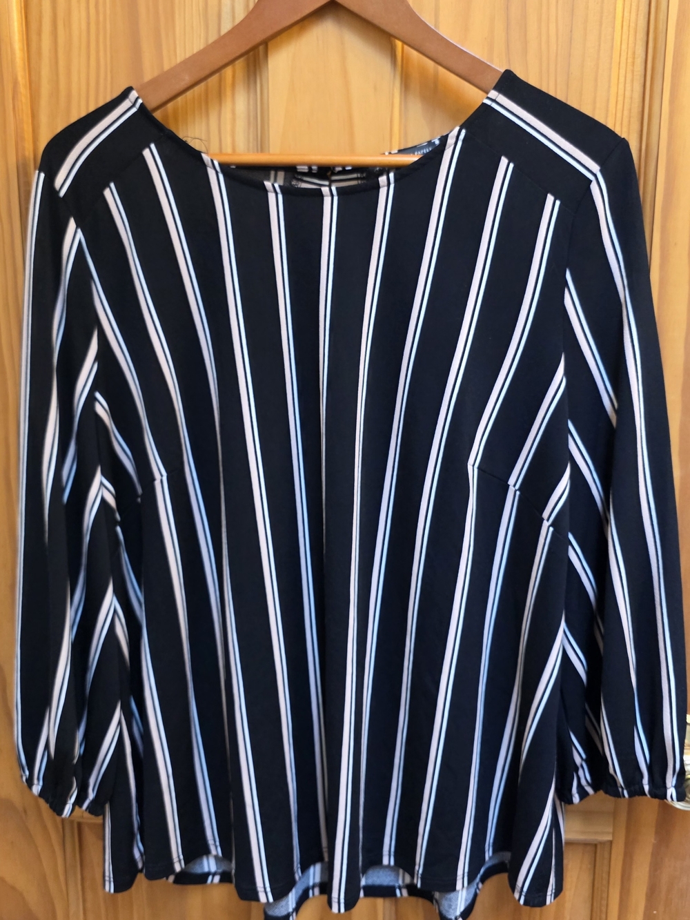 Adrianna Papell Black Blouse with White Vertical Stripes